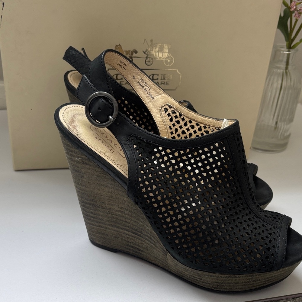 Coach Black Perforated Wedge Sandals